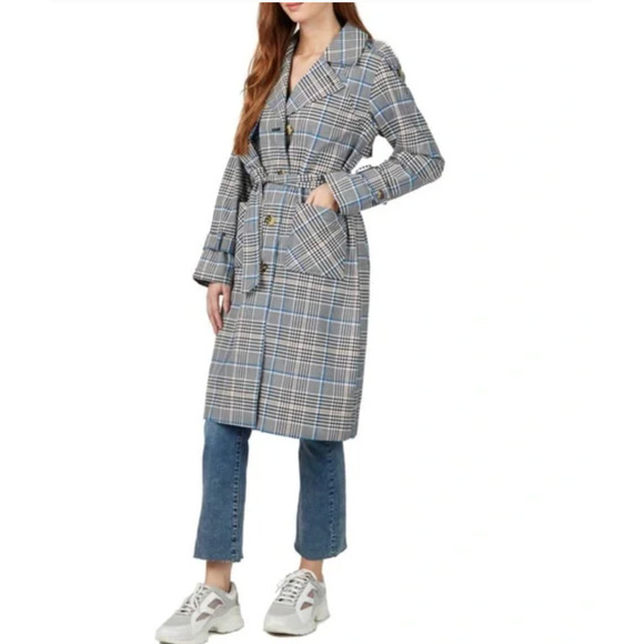 #8 NVL NWT Water Resistant Plaid Trench Coat Gray Classic Midi Size Medium - Picture 1 of 5